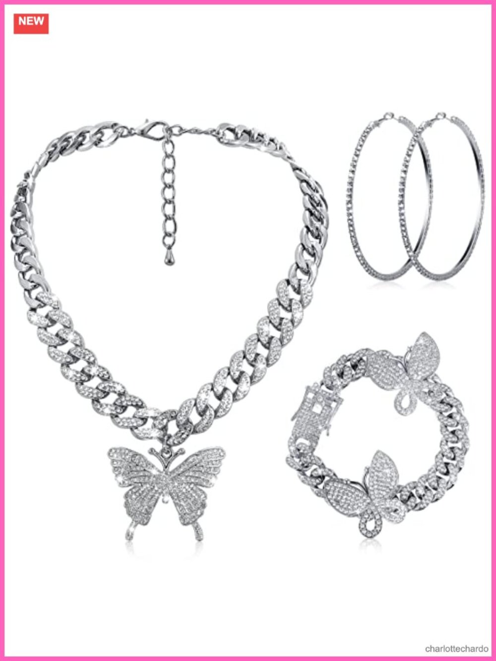 Butterfly Cuban Link Chain Jewelry Set Hoop Earrings 3 Pc